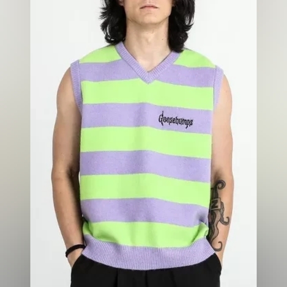 Goosebumps Dumbgood Men's Purple & Green Striped Sweater Vest Size XS - Picture 1 of 8